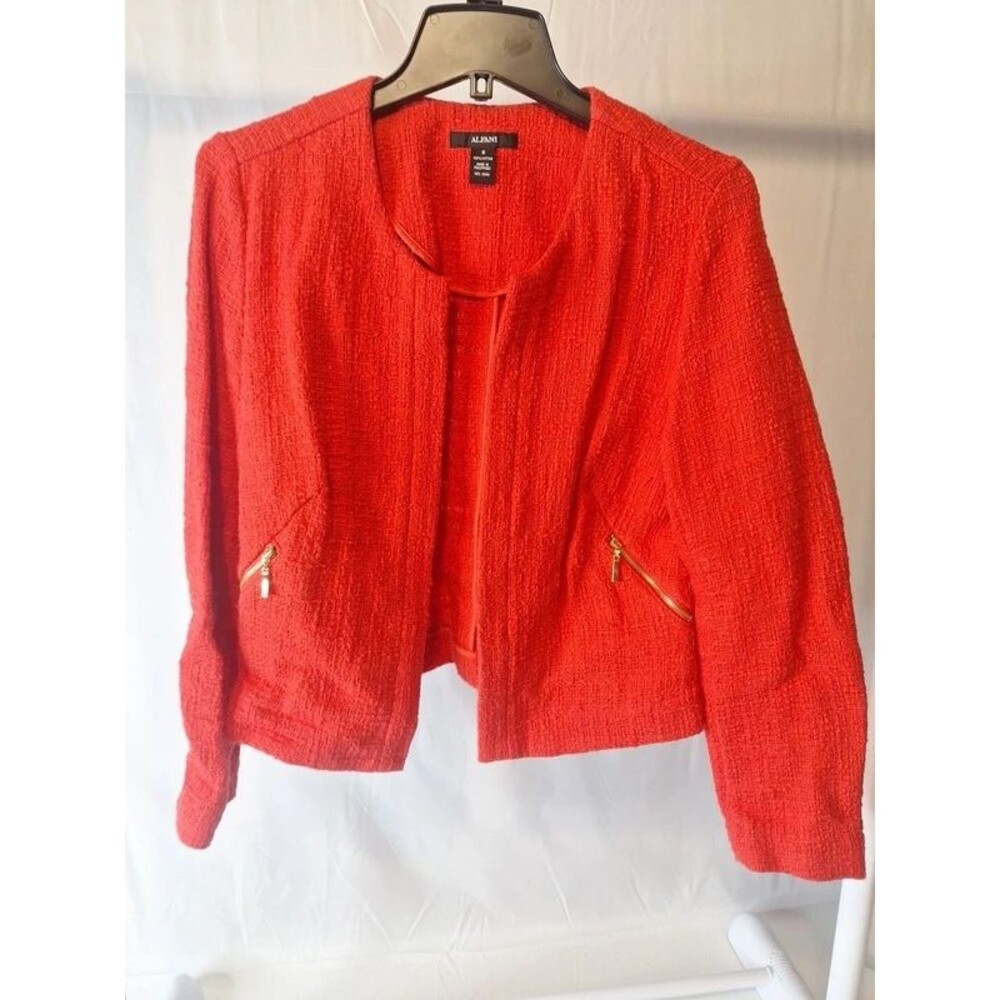 Alfani Women Red Tweed Blazer Jacket Size 6 Open Front Short Zip Pocket Casual
